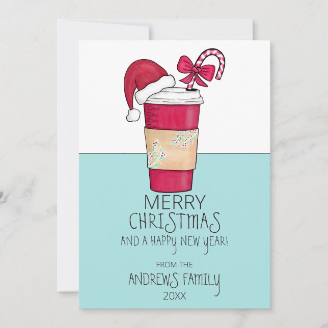 Tarjeta Festiva Navidades Cute Red Santa Hat Coffee Candy Cane (Anverso)