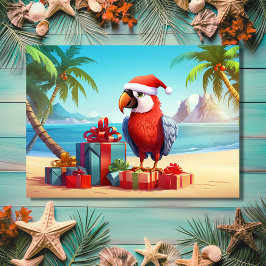 Tarjeta Festiva Navidades Cute Santa Parrot Tropical Beach