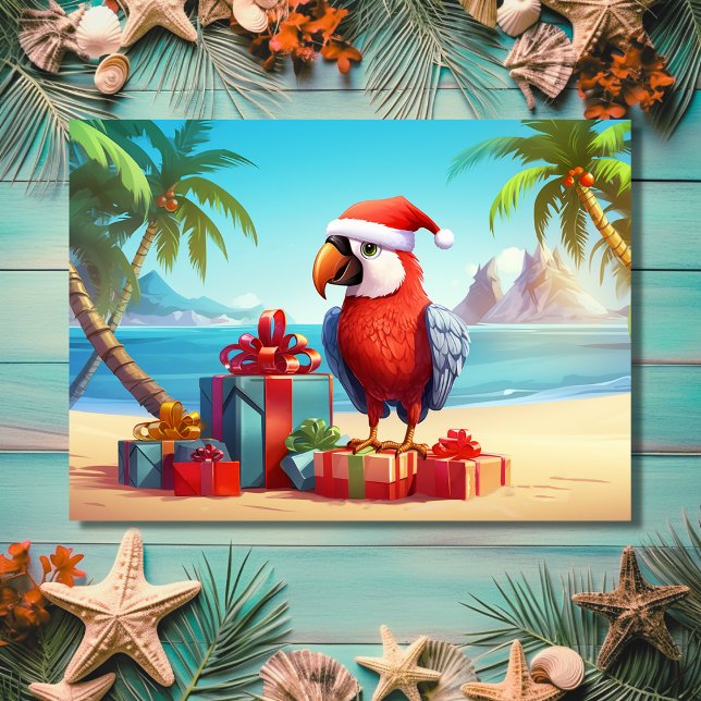 Tarjeta Festiva Navidades Cute Santa Parrot Tropical Beach (Front - Cute Santa Parrot Tropical Beach Christmas Holiday Card)