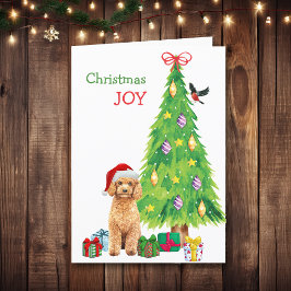 Tarjeta Festiva Navidades Cute Santa Poodle y Holiday Tree