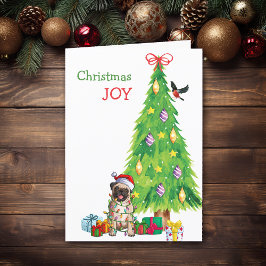 Tarjeta Festiva Navidades Cute Santa Pug y Holiday Tree
