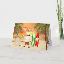 Tarjeta Festiva Navidades Cute Santa y Surfboard Beach Surfing