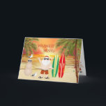 Tarjeta Festiva Navidades Cute Santa y Surfboard Beach Surfing<br><div class="desc">Esta carta de bienvenida de los Navidades de vacaciones Warmest ofrece una bonita escena de playa con Santa, tablas de surf, un muñeco de nieve de arena, gaviotas, palmeras decoradas con luces festivas y al fondo el sol se pone sobre el agua. El saludo interno ~ "Le deseamos una maravillosa...</div>