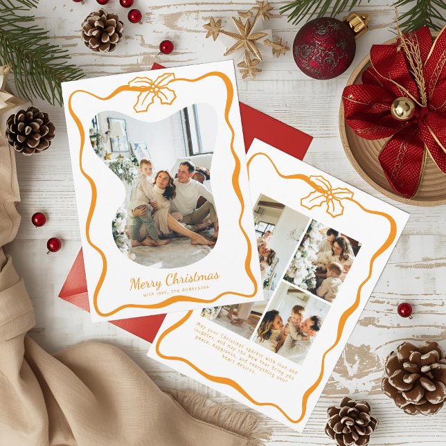 Tarjeta Festiva Navidades Cute Whimsical 4 Photo Doodle Poinsettia (Subido por el creador)