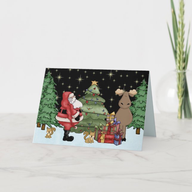 Tarjeta Festiva Navidades Cute Woodland Moose y Santa (Anverso)