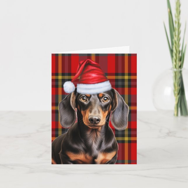 Tarjeta Festiva Navidades Dachshund liso y rojo plaid (Anverso)