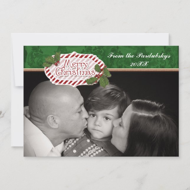 Tarjeta Festiva Navidades Damask Candy Cane Striped Holly Card (Anverso)
