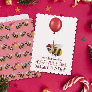 Tarjeta Festiva Navidades de Abeja de Yule Rosa y Brillantes