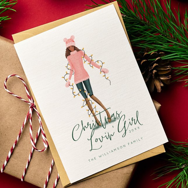 Tarjeta Festiva Navidades De Acuarela Aman Chica Envuelto En Luces (Watercolor Christmas Lovin' Girl Wrapped In Lights Holiday Card)