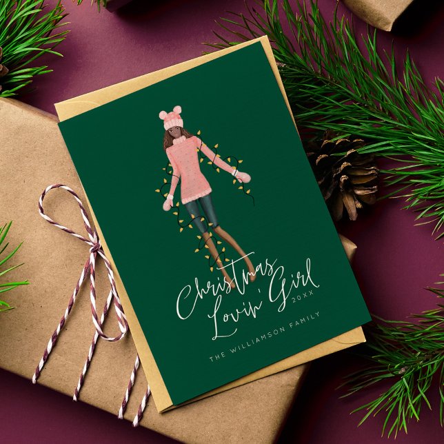 Tarjeta Festiva Navidades De Acuarela Aman Chica Envuelto En Luces (Watercolor Christmas Lovin' Girl Wrapped In Lights Holiday Card)