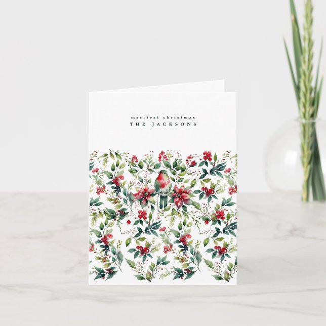 Tarjeta Festiva Navidades de acuarela Aves y Botánicos | Foto (Anverso)