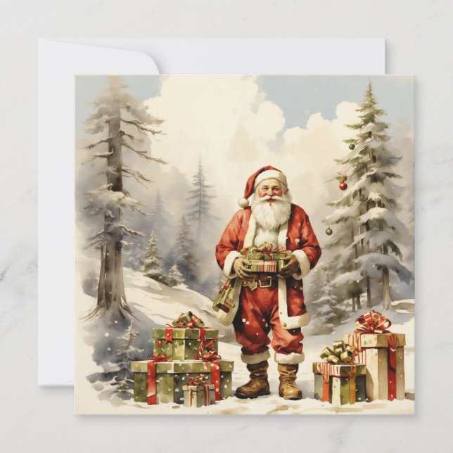 Tarjeta Festiva Navidades de acuarela Bosque Santa con Presentes (Anverso)