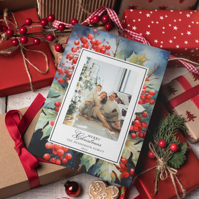 Tarjeta Festiva Navidades de acuarela botánica de Winterberry Foto (Subido por el creador)