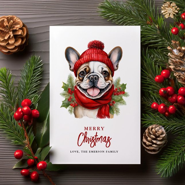 Tarjeta Festiva Navidades de acuarela Bulldog francés (Subido por el creador)