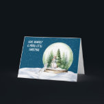 Tarjeta Festiva Navidades de acuarela Bunny y Snowman<br><div class="desc">Cuidada acuarela de snowman en un globo de nieve con pinos y un curioso conejo con copos de nieve sobre un fondo azul del cielo. Se puede cambiar el color de fondo. Todo el texto es editable.</div>