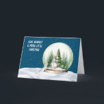 Tarjeta Festiva Navidades de acuarela Bunny y Snowman<br><div class="desc">Cuidada acuarela de snowman en un globo de nieve con pinos y un curioso conejo con copos de nieve sobre un fondo azul del cielo. Se puede cambiar el color de fondo. Todo el texto es editable.</div>