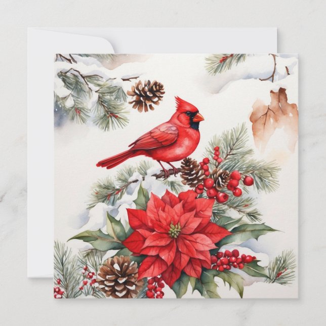 Tarjeta Festiva Navidades de acuarela Cardenal Rojo, Poinsettia (Anverso)