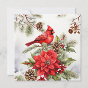 Tarjeta Festiva Navidades de acuarela Cardenal Rojo y Poinsettia