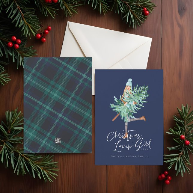 Tarjeta Festiva Navidades de acuarela Chica de amor sosteniendo ár (Watercolor Christmas Lovin' Girl Holding Pine Tree Holiday Card)