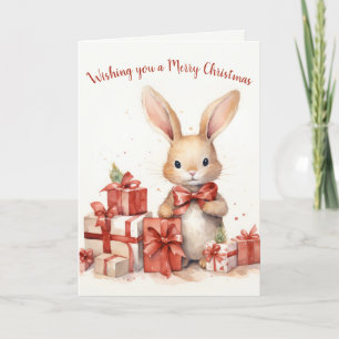 Tarjeta Festiva Navidades de acuarela conejo con regalos