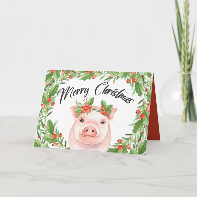 Tarjeta Festiva Navidades de acuarela cutáneo Cerdo y bayas (Anverso)