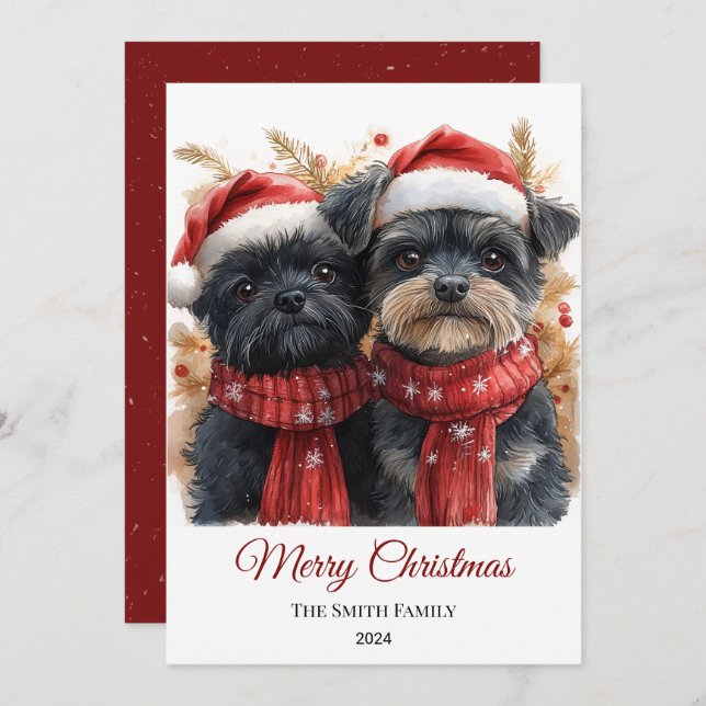 Tarjeta Festiva Navidades de acuarela de Affenpinscher Mínimo (Anverso / Reverso)