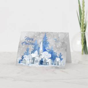 Tarjeta Festiva Navidades de acuarela de árboles de la iglesia azu