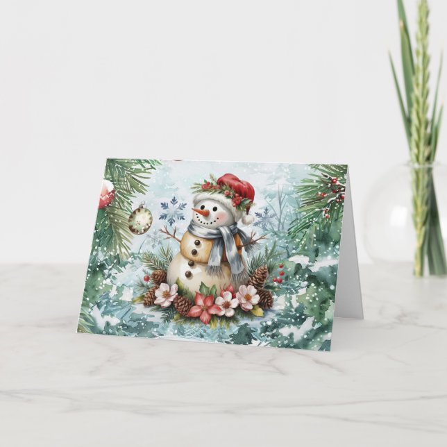 Tarjeta Festiva Navidades de acuarela de época festiva Snowman Bla (Anverso)