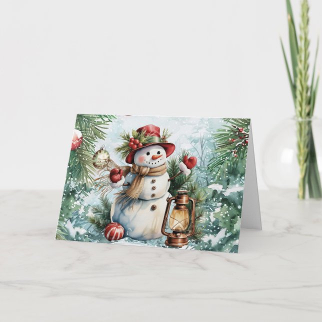 Tarjeta Festiva Navidades de acuarela de época festiva Snowman Bla (Anverso)
