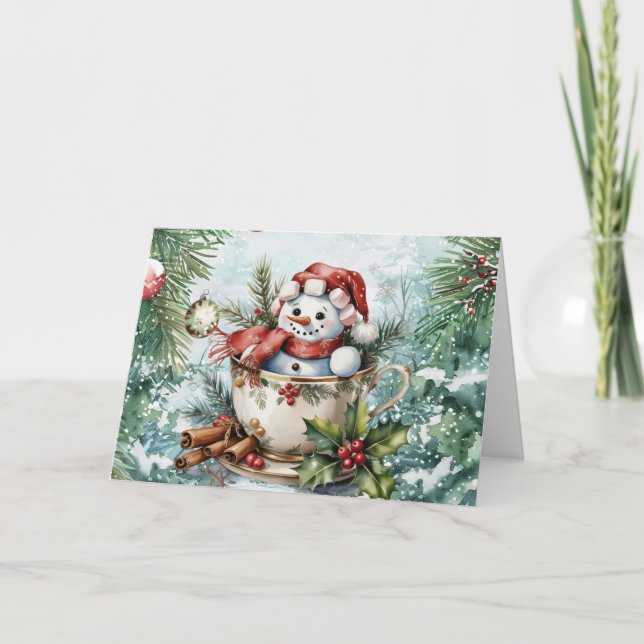 Tarjeta Festiva Navidades de acuarela de época festiva Snowman Bla (Anverso)