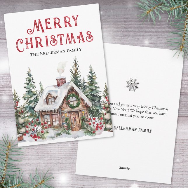 Tarjeta Festiva Navidades de acuarela de invierno festivo (Festive Winter Cabin Watercolor Christmas Holiday Card )