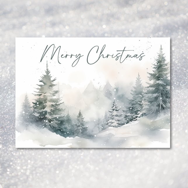 Tarjeta Festiva Navidades de acuarela de la escena invernal de mon (Rustic Mountain Winter Scene Watercolor Christmas Holiday Card)