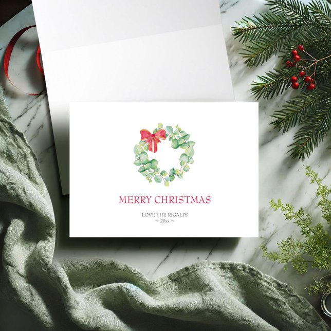 Tarjeta Festiva Navidades de acuarela de la vegetación botánica (Folded Christmas card blank inside simple watercolor wreath in shades of red and green VG Invites)