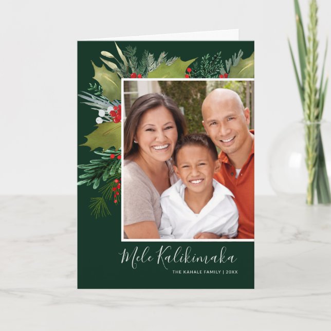 Tarjeta Festiva Navidades de acuarela de Mele Kalikimaka Foto Holl (Anverso)
