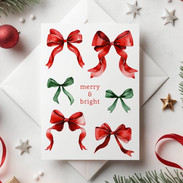Tarjeta Festiva Navidades de acuarela de Merry Bright Bows (Merry Bright Bows Watercolor Christmas Holiday Card)
