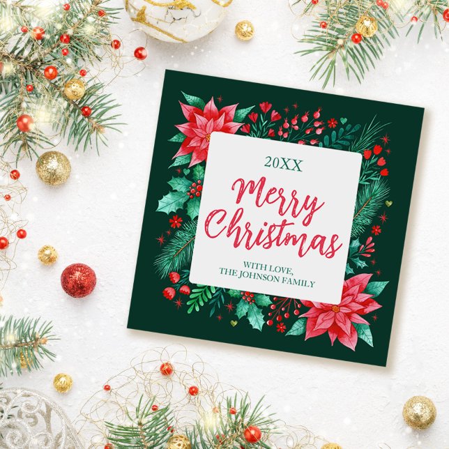 Tarjeta Festiva Navidades de acuarela de Poinsettia, Holly y Pine (Watercolor Poinsettia, Holly and Pine Christmas Holiday Card)