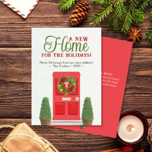 Tarjeta Festiva Navidades de acuarela de puertas y topiarios rojos