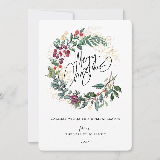 Tarjeta Festiva Navidades de acuarela Doodle Wreath (Anverso)