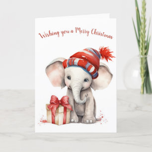 Tarjeta Festiva Navidades de acuarela elefante con Gorra