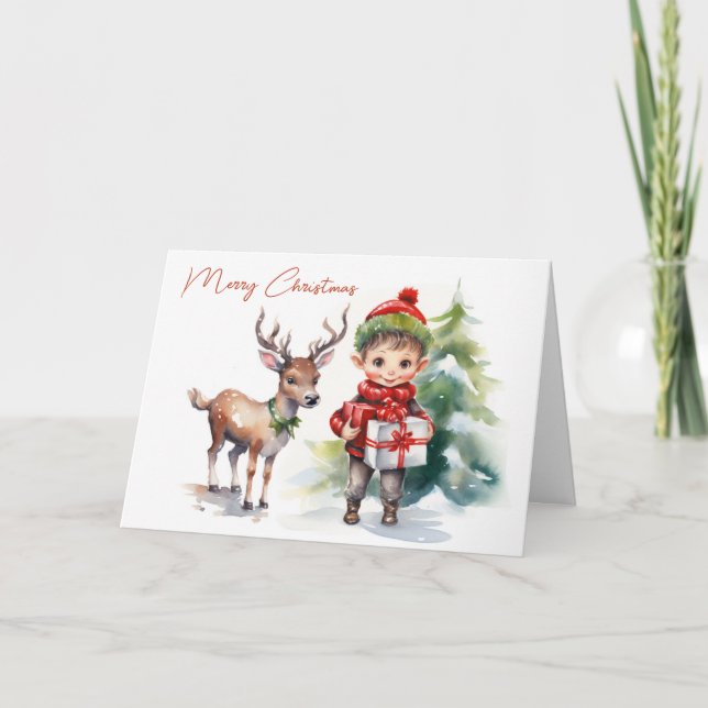 Tarjeta Festiva Navidades de acuarela Elf y Renos (Anverso)