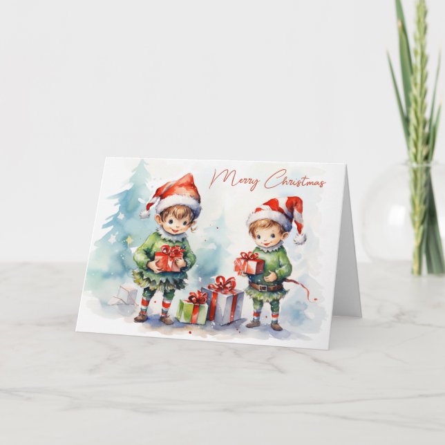 Tarjeta Festiva Navidades de acuarela Elves con regalos (Anverso)