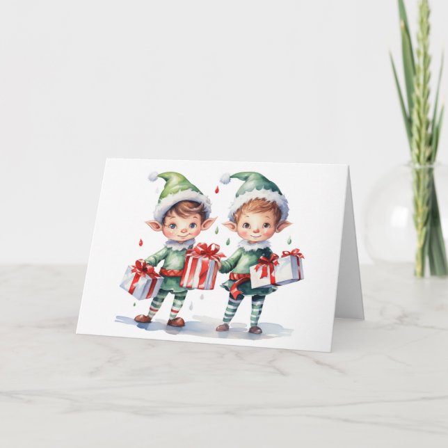 Tarjeta Festiva Navidades de acuarela Elves con regalos (Anverso)