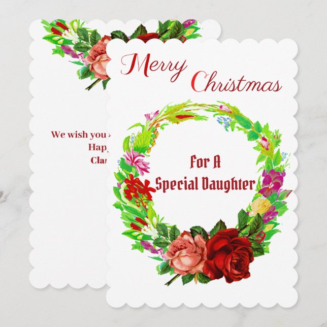 Tarjeta Festiva Navidades de acuarela especial para la hija Wreath (Anverso / Reverso)