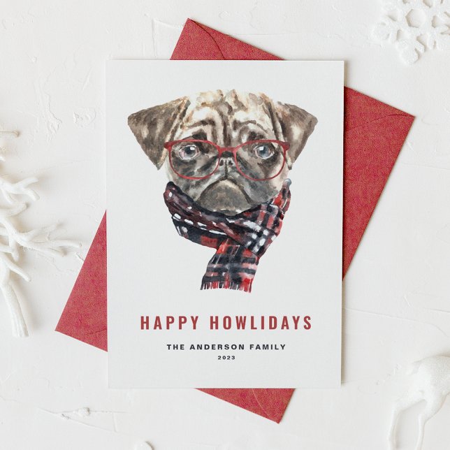 Tarjeta Festiva Navidades de acuarela festiva Pug Happy Howlidays (Subido por el creador)