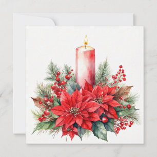 Tarjeta Festiva Navidades de acuarela Flores de Poinsettia, bayas