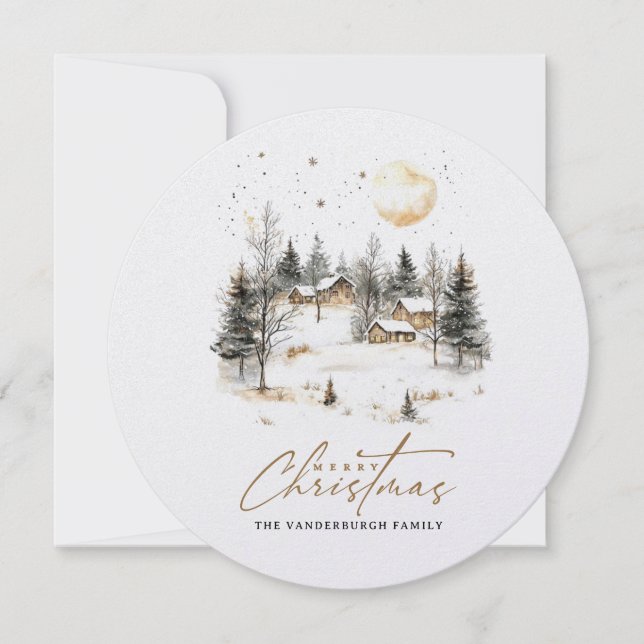 Tarjeta Festiva Navidades de acuarela foto de aldea invernal (Anverso)