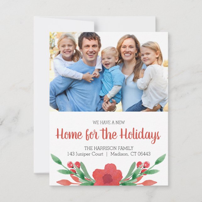 Tarjeta Festiva Navidades de acuarela Foto floral Nueva dirección (Anverso)