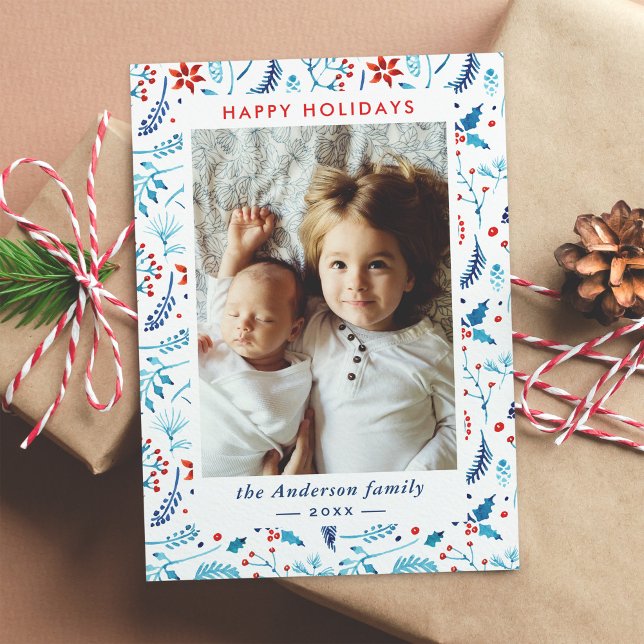 Tarjeta Festiva Navidades de acuarela fotograma de bayas botánicas (Subido por el creador)