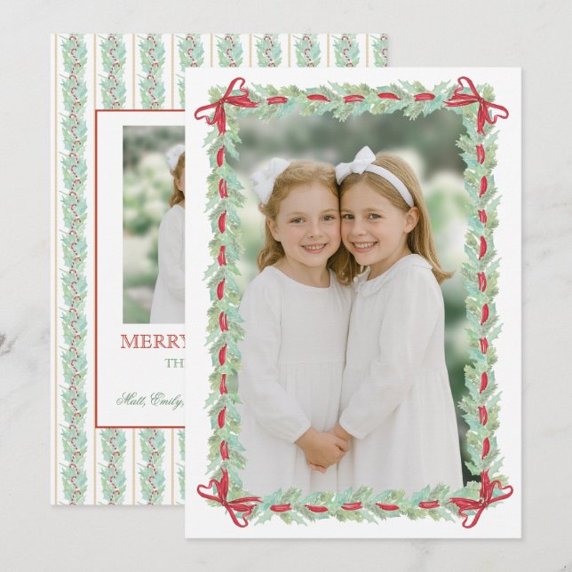 Tarjeta Festiva Navidades de acuarela Garland Nutcracker Dos fotos (Anverso / Reverso)