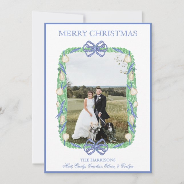 Tarjeta Festiva Navidades de acuarela Garland Stocking One Photo (Anverso)